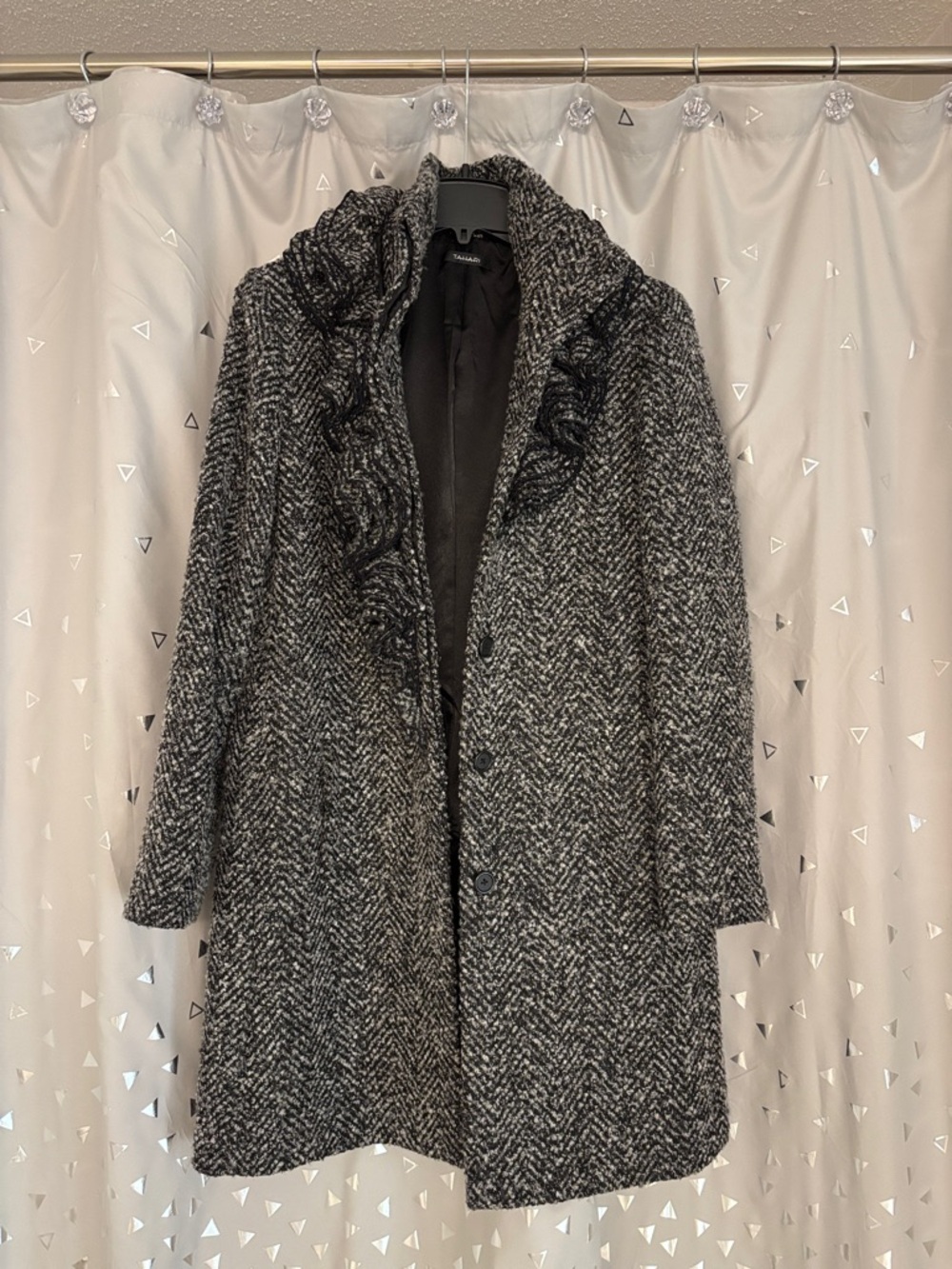 Tahari Black & Gray Herringbone Ruffle-Trim Coat